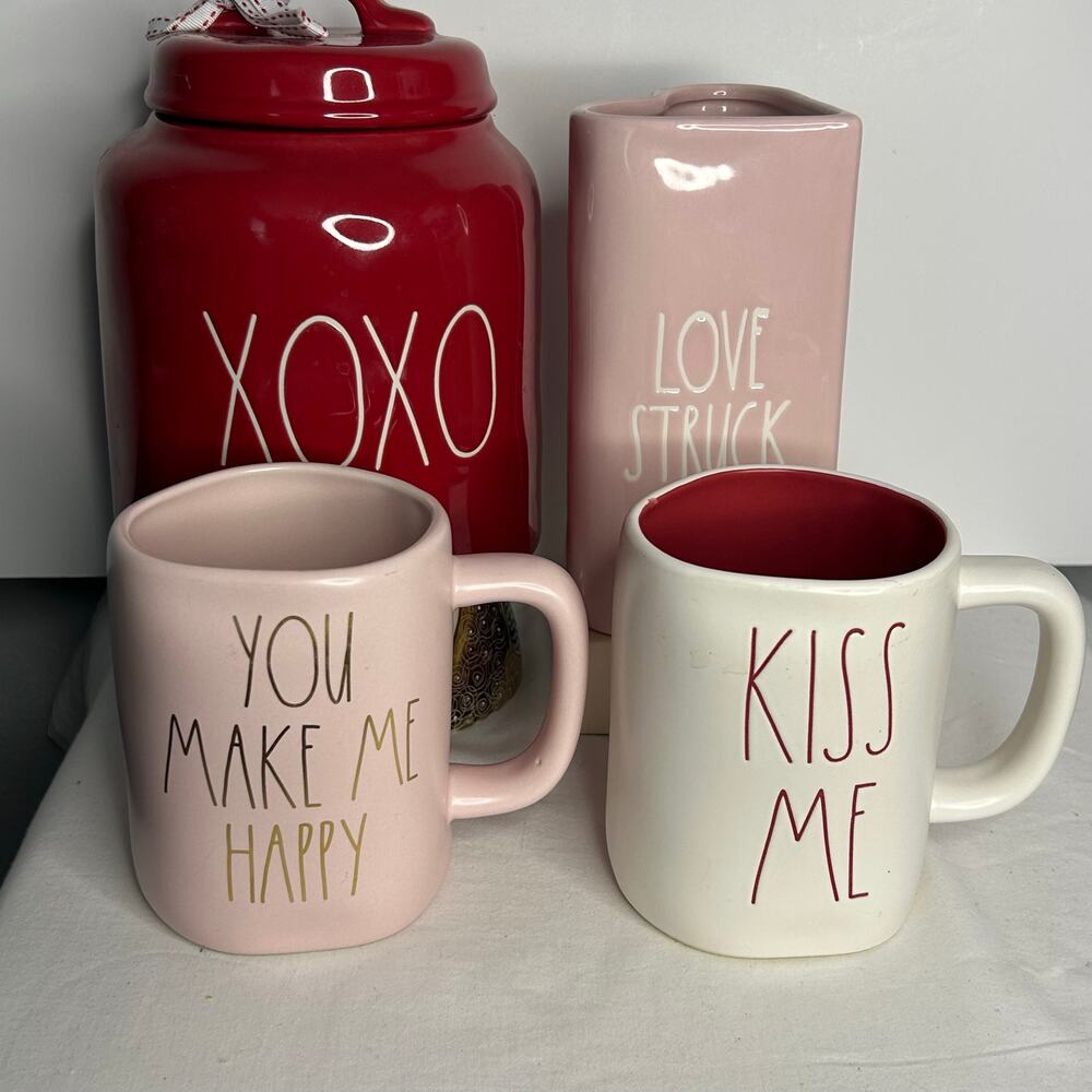 Rae Dunn XOXO Canister Heart Vase Kiss Me You Make Me Happy Mugs Lot